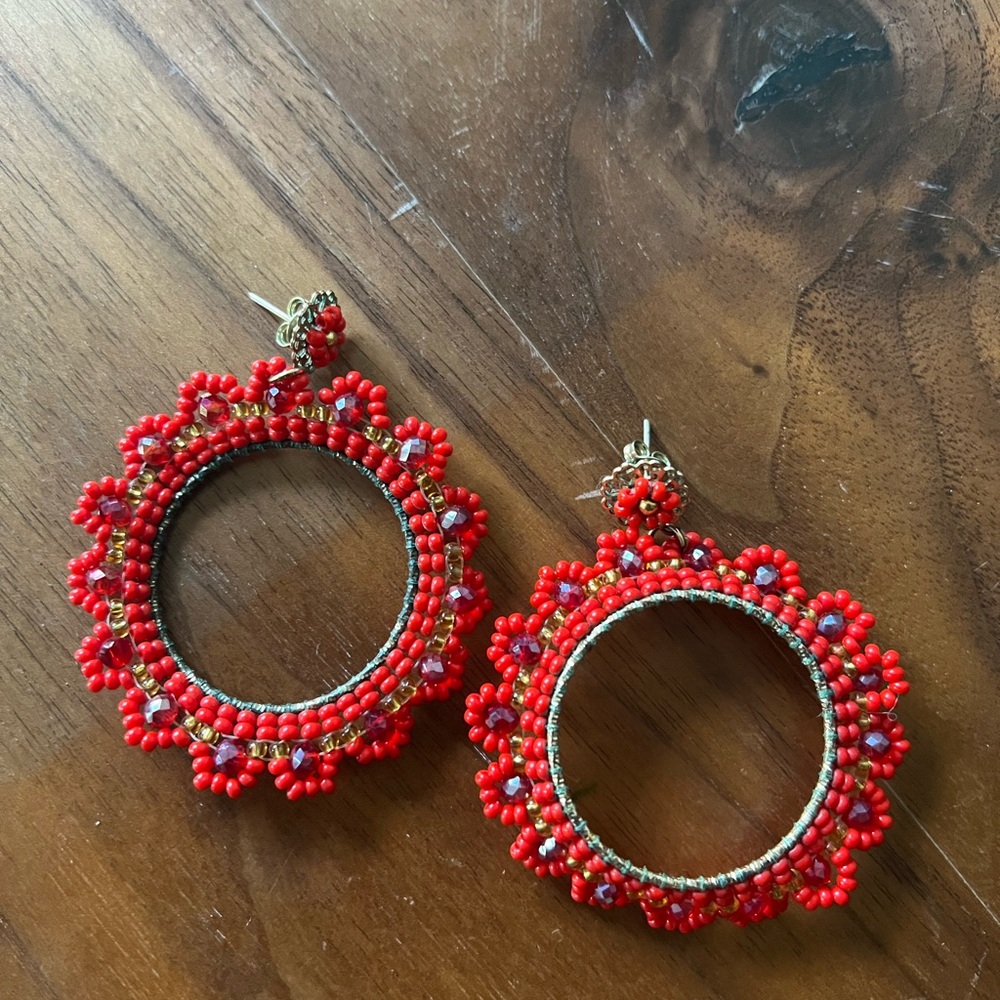Red Beaded Hoop Earrings